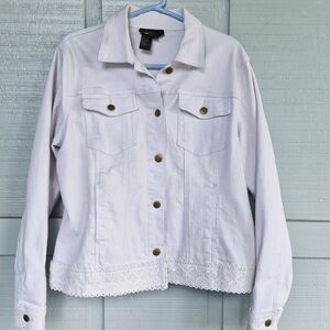 NWOT Twiggy LONDON White Jean Jacket with Crochet Lace Hem/Cuffs XL Boho Fairy